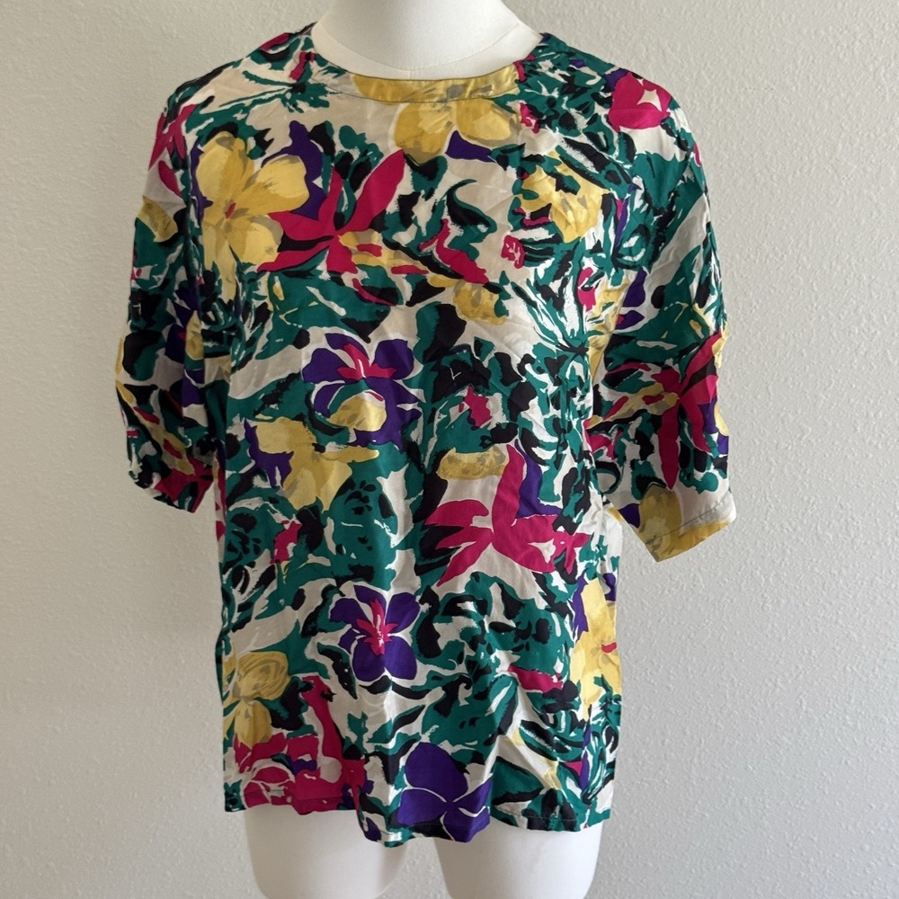 Vintage 100% Silk Art To Wear Floral Statement Bright Bold Office Blouse Sz L